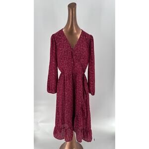 Old Navy Dress Womens Medium Red Floral V Neck Long Sleeves Ruffles Midi Zip Up